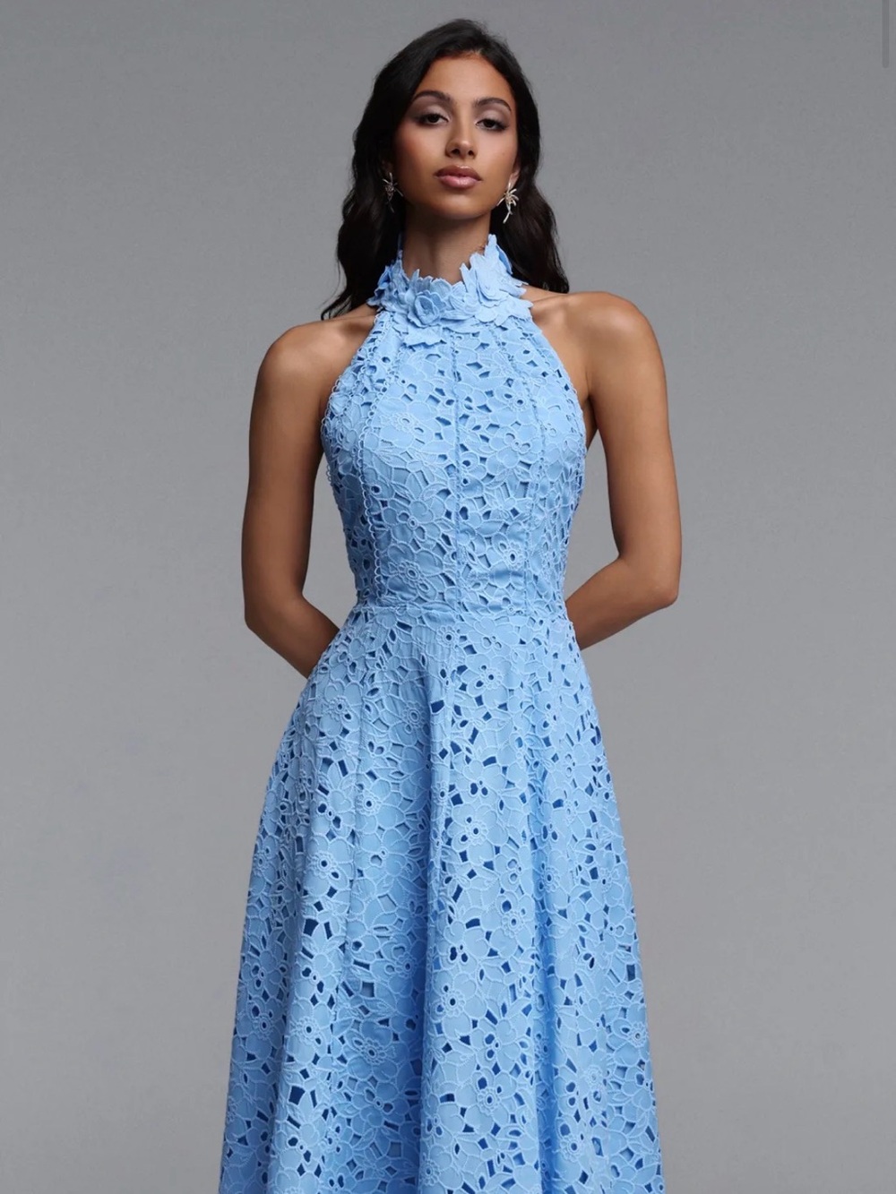 Sleeveless High-Neck Light Blue Lace A-Line Dress